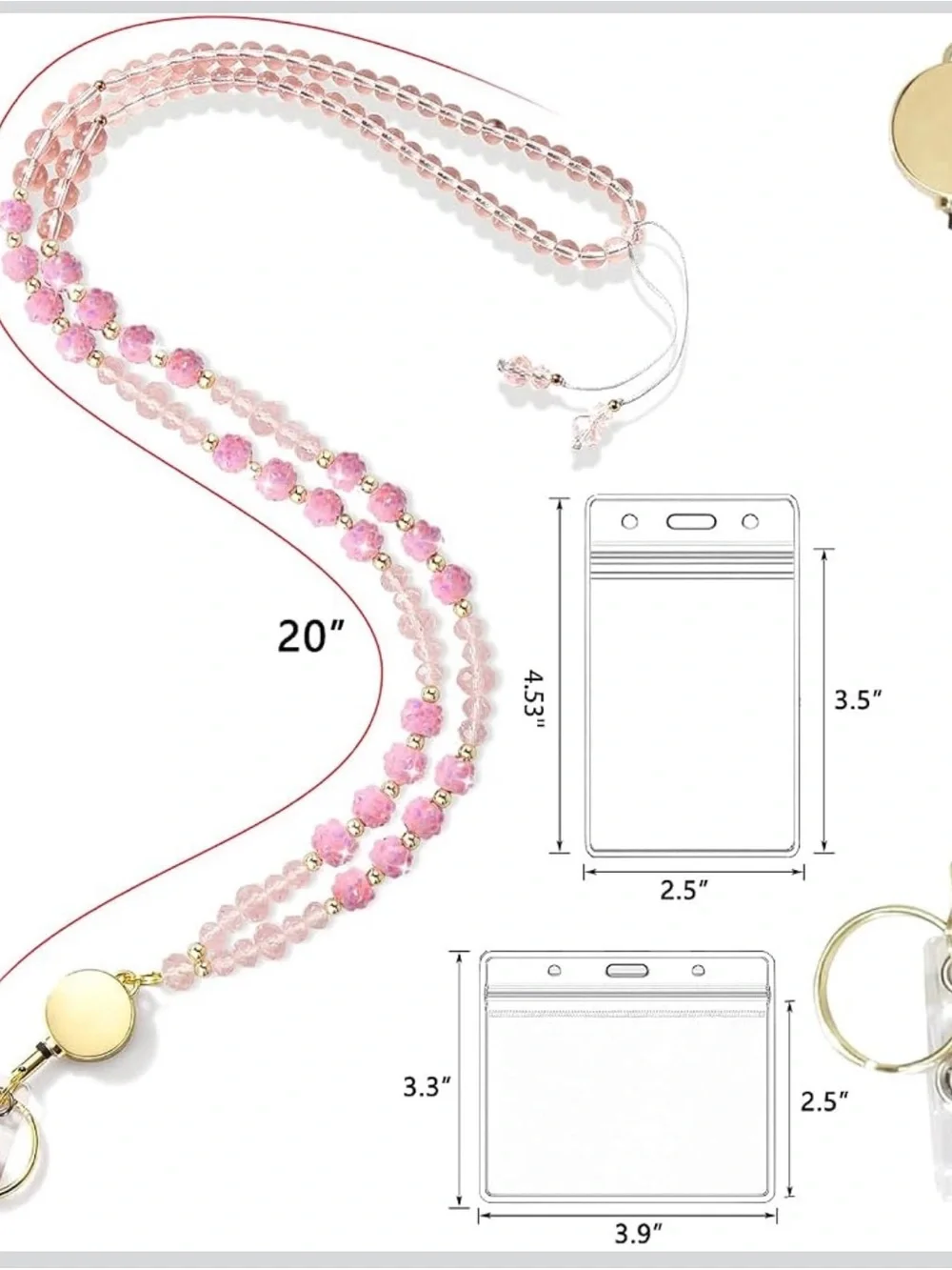 Pink Beaded Phone Lanyard with ID Badge Holder and Gold Accents